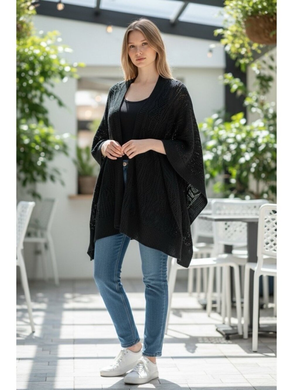 BCBGeneration Black Open Knit Cardigan One Size Boho Kimono Drape Sweater